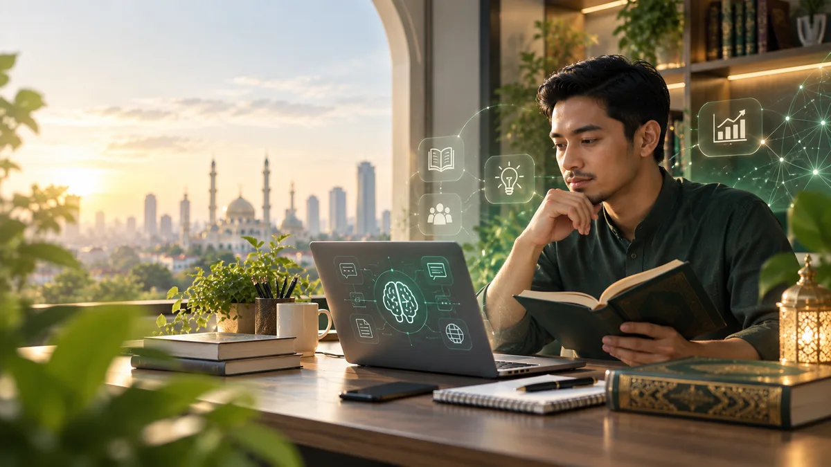 Pria membaca buku di meja kerja sambil menggunakan laptop bertema AI, dengan latar siluet masjid saat pagi hari — ilustrasi ilmu dan amanah dalam memanfaatkan teknologi AI