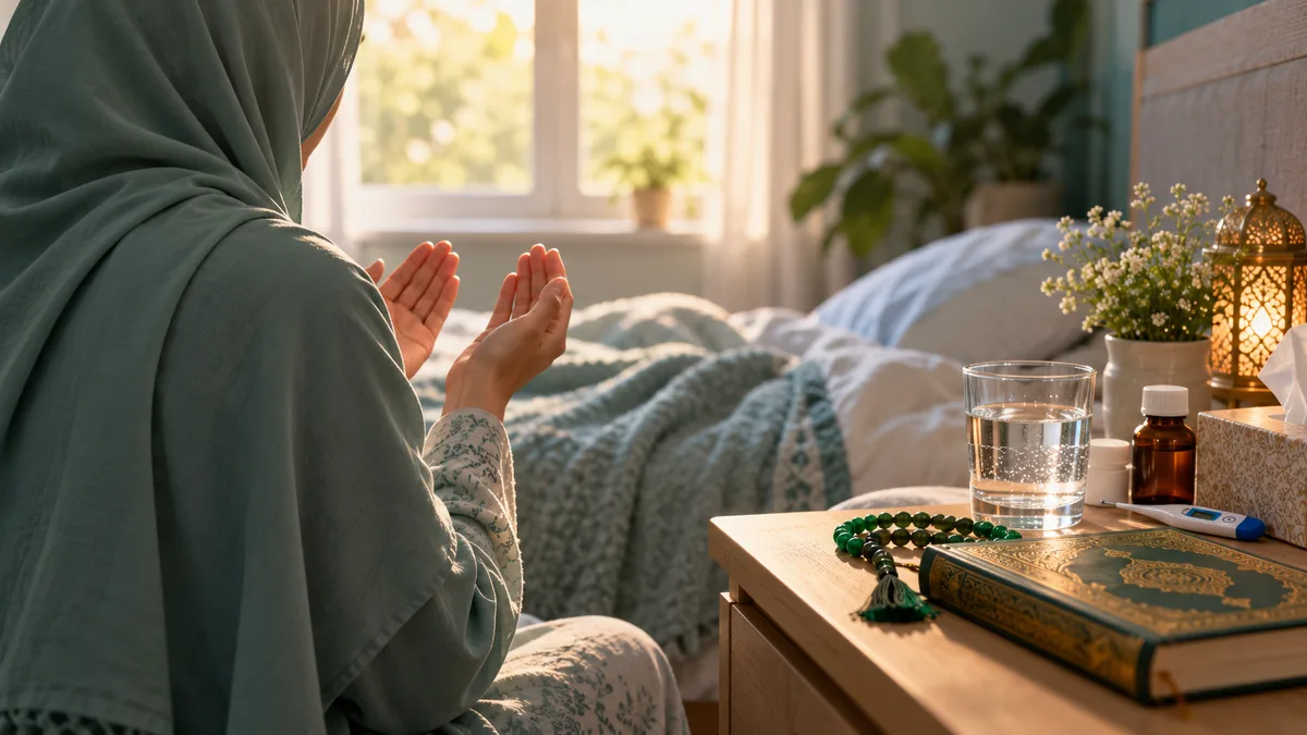 Seorang perempuan berhijab menengadahkan tangan berdoa di tepi tempat tidur, dengan mushaf, tasbih, segelas air, termometer, dan obat di meja samping tempat tidur