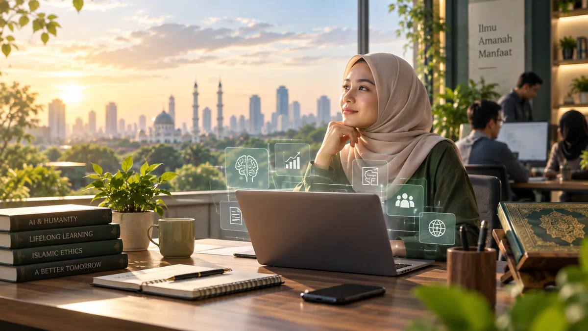 Wanita berhijab merenung menghadap laptop di ruang kerja bersama, dengan ikon AI dan latar siluet masjid saat matahari terbit — ilustrasi doa ketika dunia kerja berubah karena teknologi