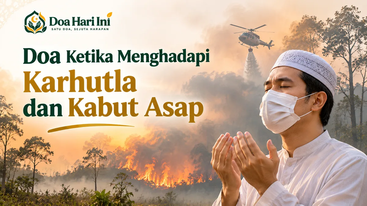 Seorang pria mengenakan masker berdoa dengan tangan menengadah di depan kebakaran hutan dan kabut asap, dengan helikopter pemadam di udara