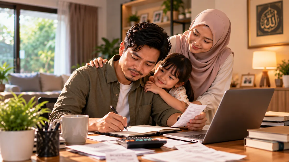 Seorang ayah mencatat keuangan keluarga di meja kerja, didampingi istri dan anak perempuannya dengan penuh kasih sayang