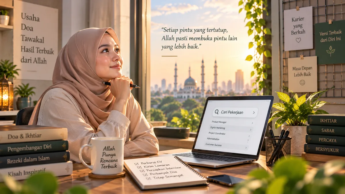 Wanita berhijab tersenyum menatap ke luar jendela di meja kerja dengan laptop menampilkan pencarian lowongan kerja, dikelilingi buku bertema doa, ikhtiar, dan tawakal serta catatan checklist lamaran kerja, dengan latar siluet masjid saat senja — ilustrasi doa saat harus mencari pekerjaan lagi