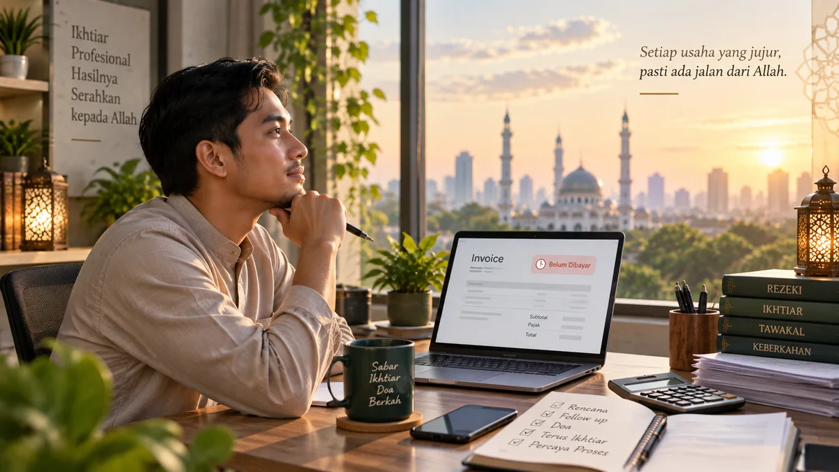 Pria merenung di meja kerja menghadap laptop yang menampilkan invoice berstatus belum dibayar, dikelilingi buku bertema rezeki, ikhtiar, tawakal dan keberkahan, dengan latar siluet masjid saat senja — ilustrasi doa saat invoice belum dibayar