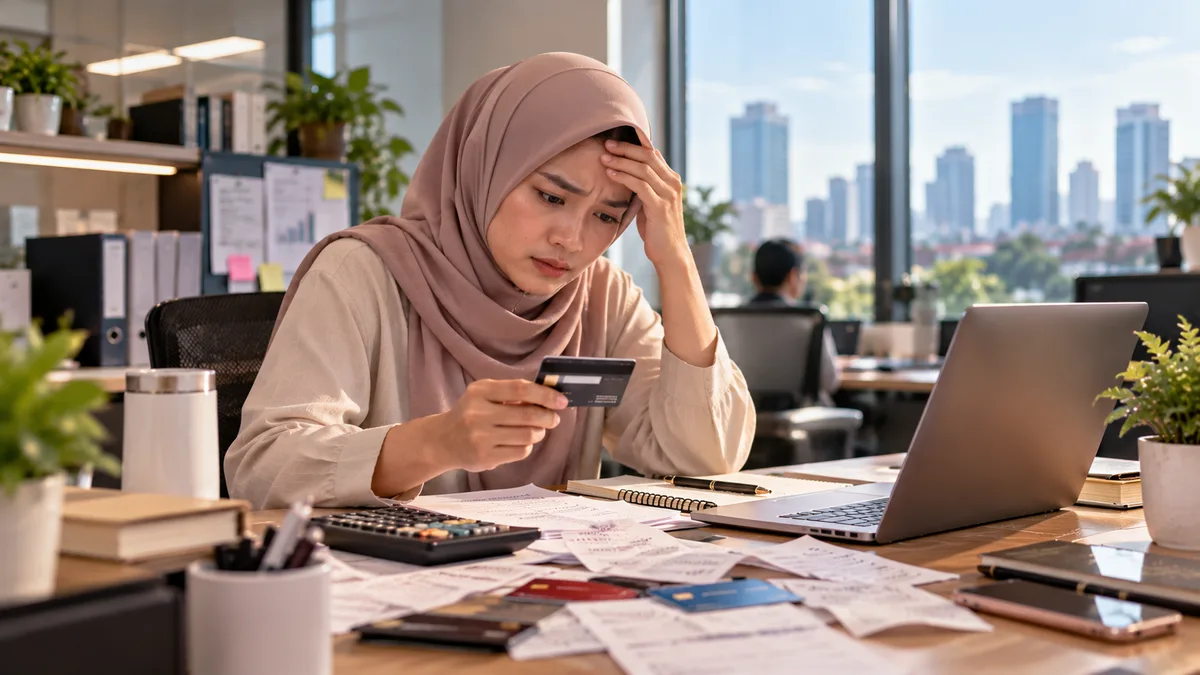 Wanita berhijab tampak cemas menatap kartu kreditnya di meja kerja yang dipenuhi tumpukan struk, kalkulator, dan beberapa kartu kredit lainnya — ilustrasi kecemasan menghadapi tagihan kartu kredit