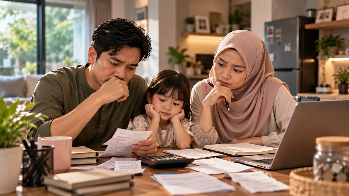 Ayah, ibu berhijab, dan anak perempuan bersama-sama memeriksa struk belanja dan kalkulator di meja keluarga dengan raut wajah cemas — ilustrasi keluarga yang sedang mengetatkan pengeluaran bersama