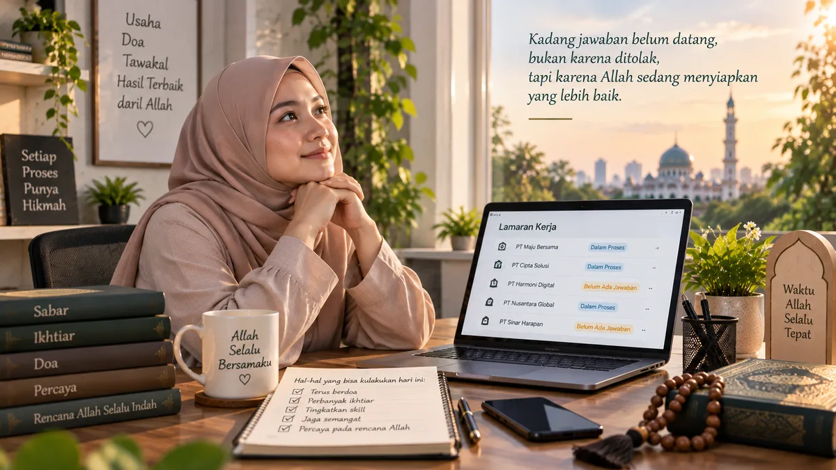 Wanita berhijab tersenyum menatap ke luar jendela di meja kerja dengan laptop menampilkan daftar lamaran kerja berstatus dalam proses dan belum ada jawaban, dikelilingi buku bertema sabar, ikhtiar, doa, dan tasbih, dengan latar siluet masjid saat senja — ilustrasi doa saat lamaran kerja belum mendapat jawaban