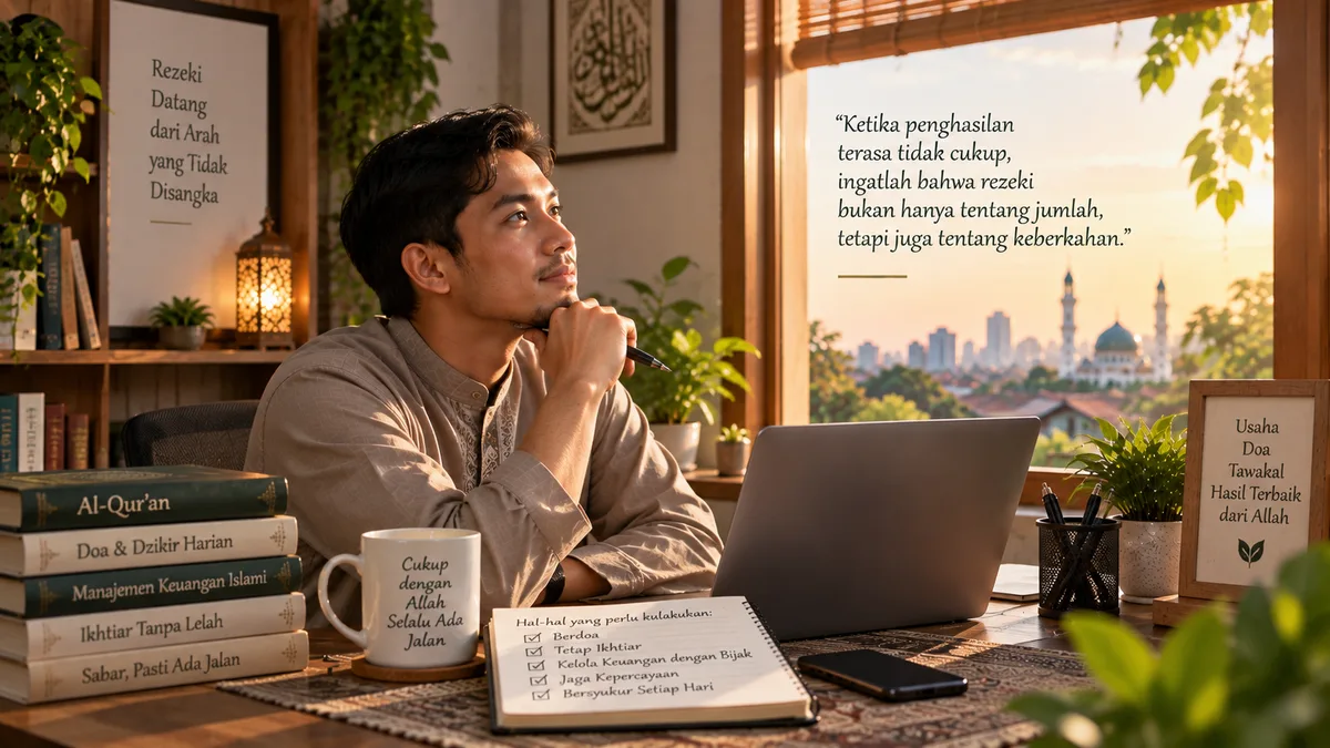 Pria merenung di meja kerja menghadap laptop dengan kaligrafi Islami di dinding, dikelilingi buku Al-Qur'an, doa dan dzikir harian, manajemen keuangan Islami, serta catatan checklist, dengan latar siluet masjid saat senja — ilustrasi doa saat penghasilan terasa tidak cukup
