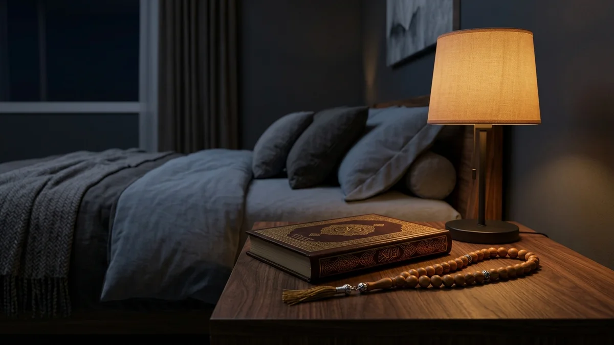 Suasana malam yang tenang dengan Al-Qur'an dan lampu lembut