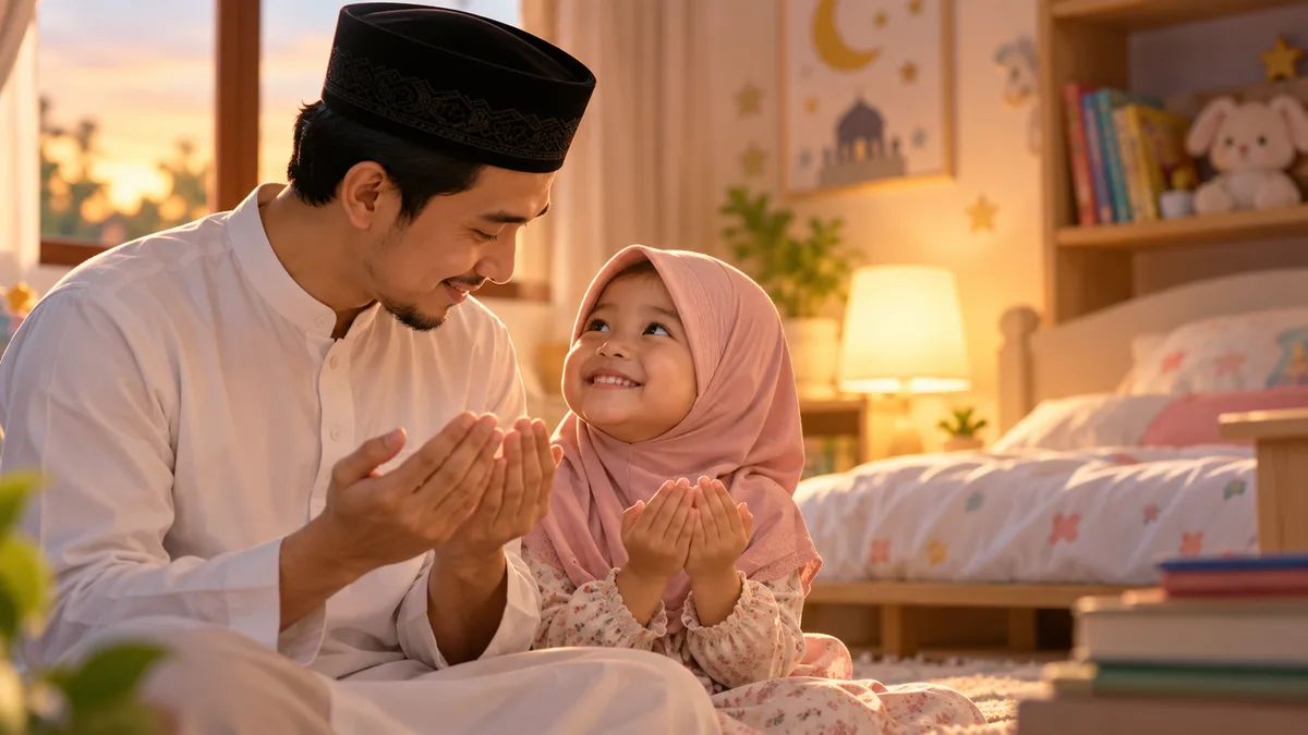 Seorang ayah dan anak perempuannya duduk berdampingan sambil menengadahkan tangan berdoa bersama di kamar anak yang hangat menjelang senja